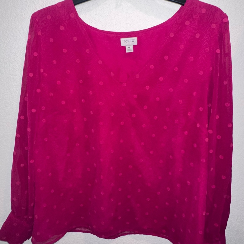 J. Crew Pink Sheer Polka Dot Women's V-Neck Chiffon Top Sz XL